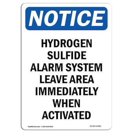 Signmission OSHA Notice Sign, 18" Height, Aluminum, Hydrogen Sulfide Alarm System Sign, Portrait OS-NS-A-1218-V-13580